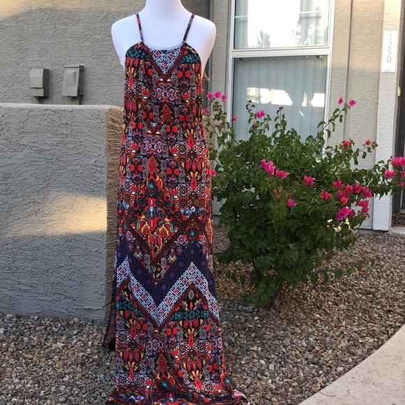 Colorful Patterned Spaghetti Straps Maxi Dress w/ Side Splits! Sz L; FITS LIKE M - Picture 12 of 12